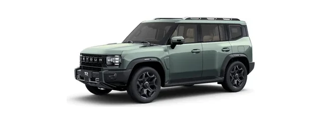 The Jetour T2 in Chrome Green, front three-quarter view, the SUV JSW's first car is built on